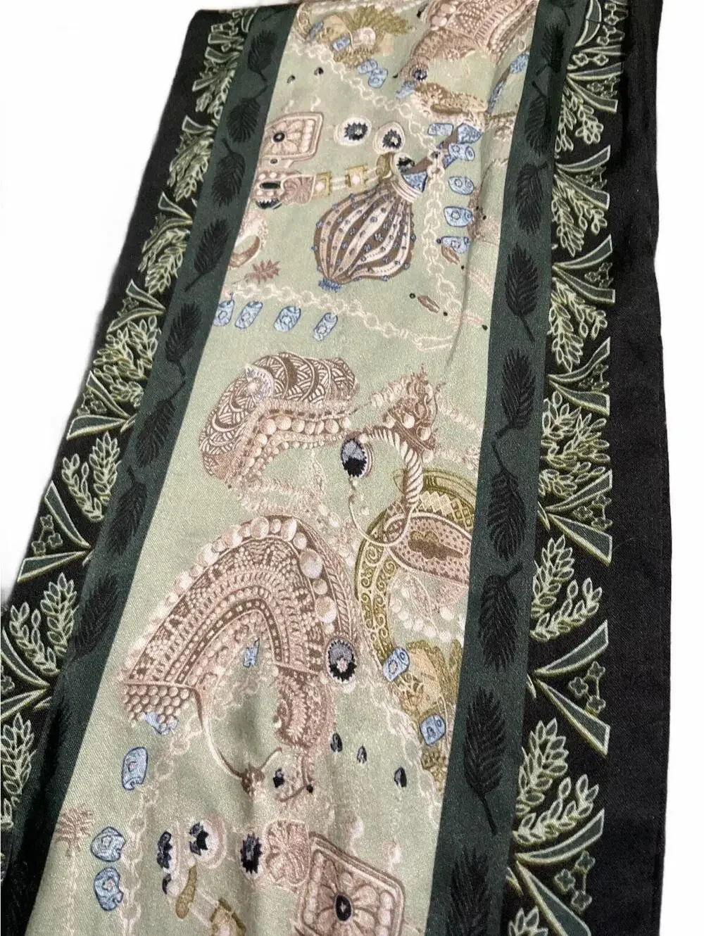 Elegant Silk Green and Beige/Gold Patterned Scarf with Intricate Border Design